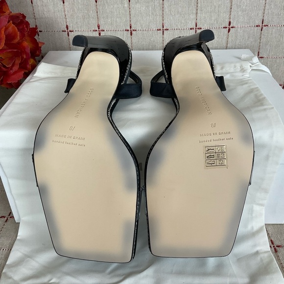 Good American Satin Strappy Heels Square Toe Sz 8.5 Black Satin & Rhinestones - Picture 5 of 7